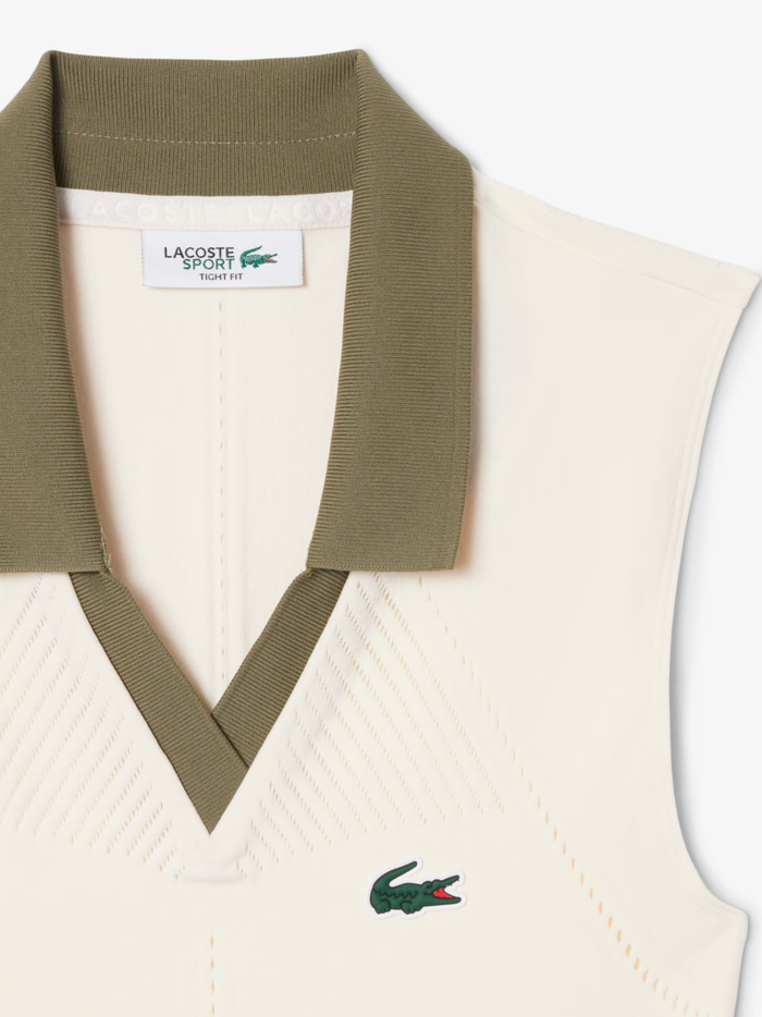 LACOSTE WOMEN Sleeveless Stretch Knit Tennis Polo White/Khaki Green - MAISONDEFASHION.COM