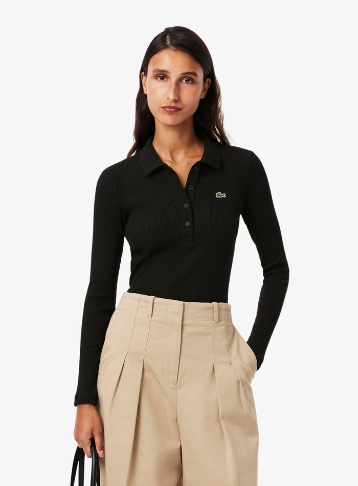 LACOSTE WOMEN Slim Fit L.12.D Ribbed Cotton Long Sleeves Polo Shirt Black - MAISONDEFASHION.COM