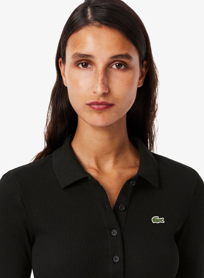 LACOSTE WOMEN Slim Fit L.12.D Ribbed Cotton Long Sleeves Polo Shirt Black - MAISONDEFASHION.COM