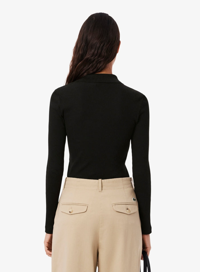LACOSTE WOMEN Slim Fit L.12.D Ribbed Cotton Long Sleeves Polo Shirt Black - MAISONDEFASHION.COM