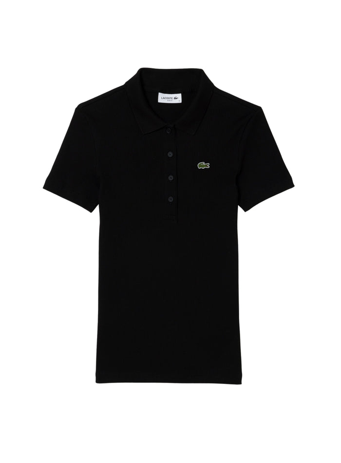 LACOSTE WOMEN Slim Fit L.12.D Ribbed Cotton Polo Shirt Black - MAISONDEFASHION.COM