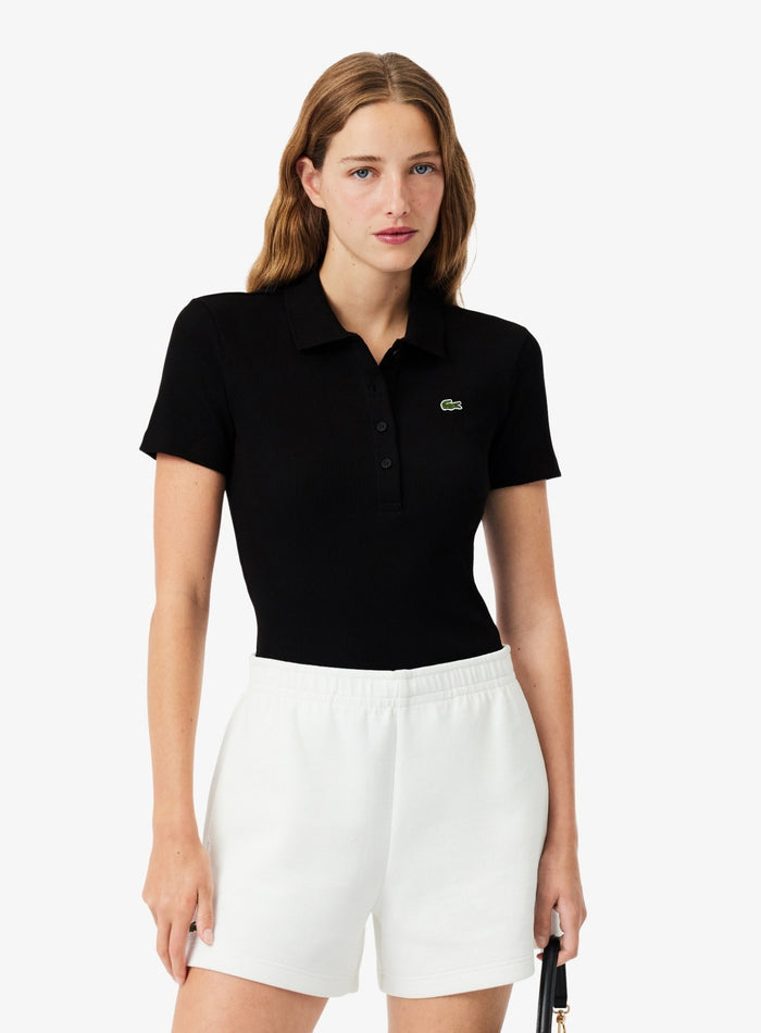 LACOSTE WOMEN Slim Fit L.12.D Ribbed Cotton Polo Shirt Black - MAISONDEFASHION.COM
