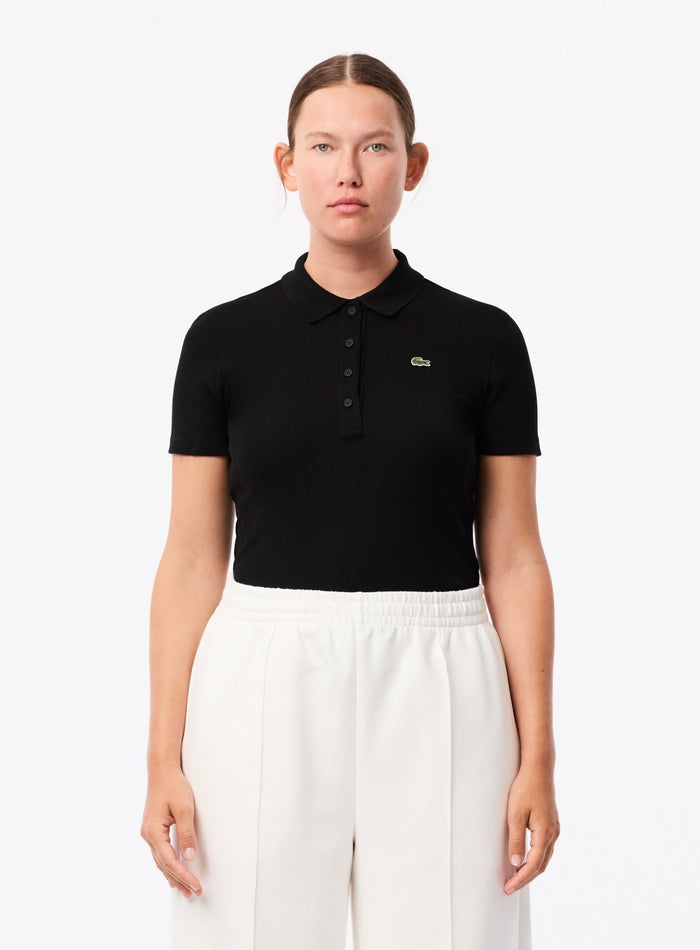 LACOSTE WOMEN Slim Fit L.12.D Ribbed Cotton Polo Shirt Black - MAISONDEFASHION.COM