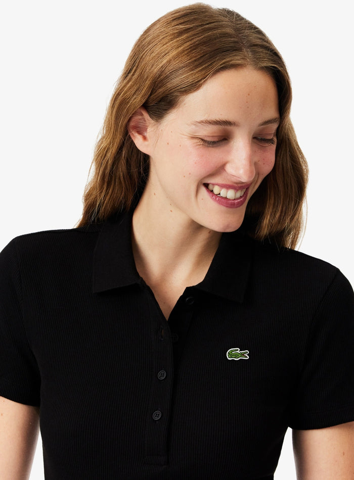 LACOSTE WOMEN Slim Fit L.12.D Ribbed Cotton Polo Shirt Black - MAISONDEFASHION.COM