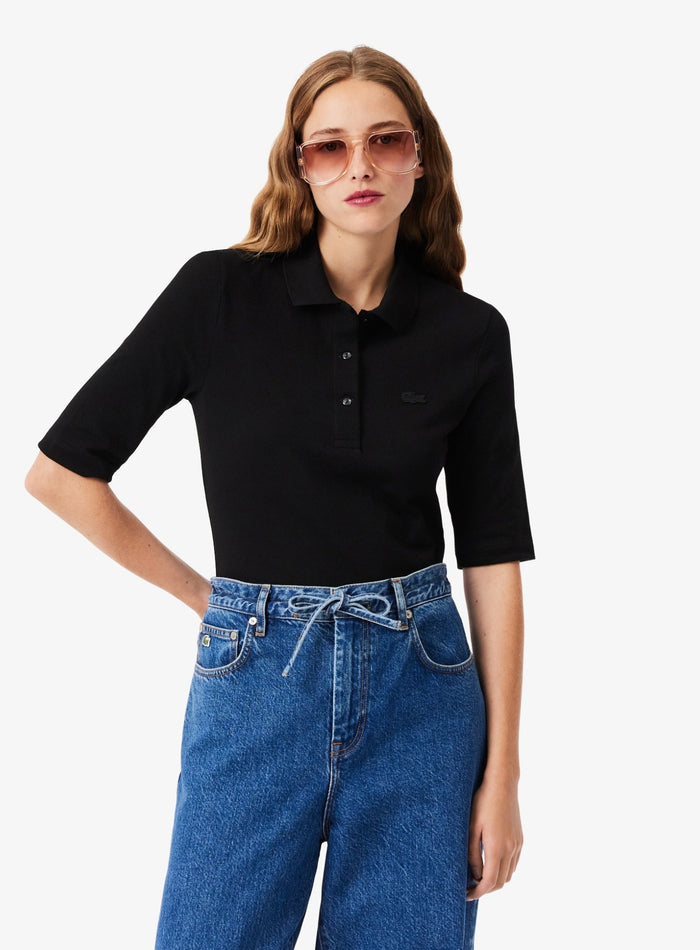 LACOSTE WOMEN Slim Fit L.12.D Three Quarter Sleeve Polo Shirt Black - MAISONDEFASHION.COM
