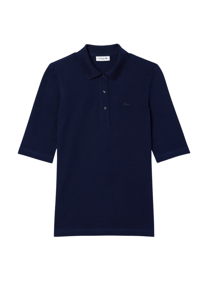 Lacoste Women Slim Fit L.12.D polo shirt in midnight blue - front view showing three quarter sleeves and classic collar