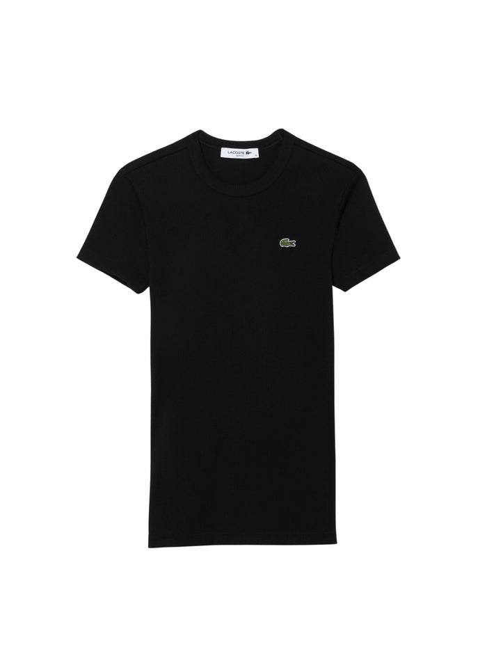 LACOSTE WOMEN Slim Fit Ribbed Cotton T-shirt Black - MAISONDEFASHION.COM