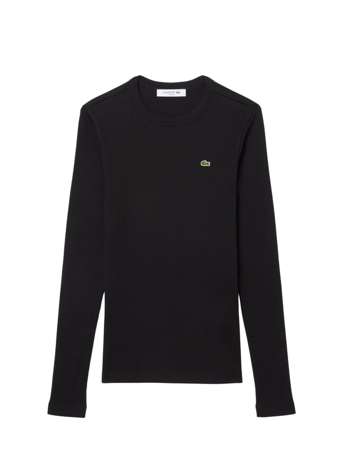 LACOSTE WOMEN Slim Fit Ribbed Cotton T-shirt Black - MAISONDEFASHION.COM