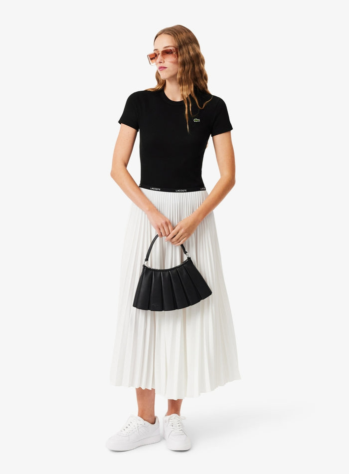 LACOSTE WOMEN Slim Fit Ribbed Cotton T-shirt Black - MAISONDEFASHION.COM