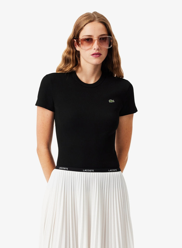 LACOSTE WOMEN Slim Fit Ribbed Cotton T-shirt Black - MAISONDEFASHION.COM