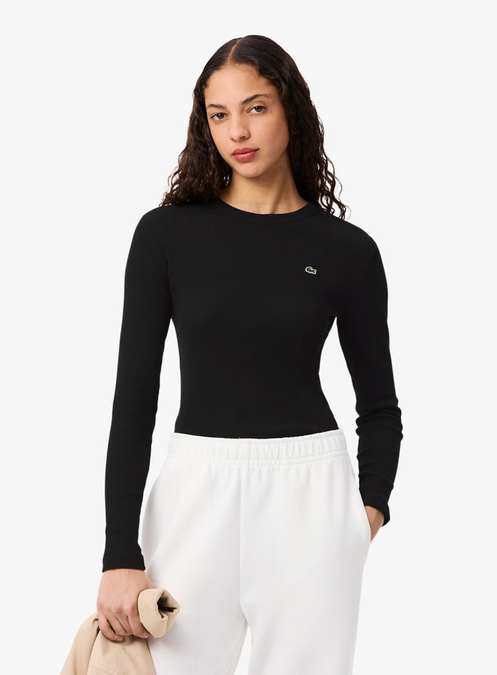 LACOSTE WOMEN Slim Fit Ribbed Cotton T-shirt Black - MAISONDEFASHION.COM