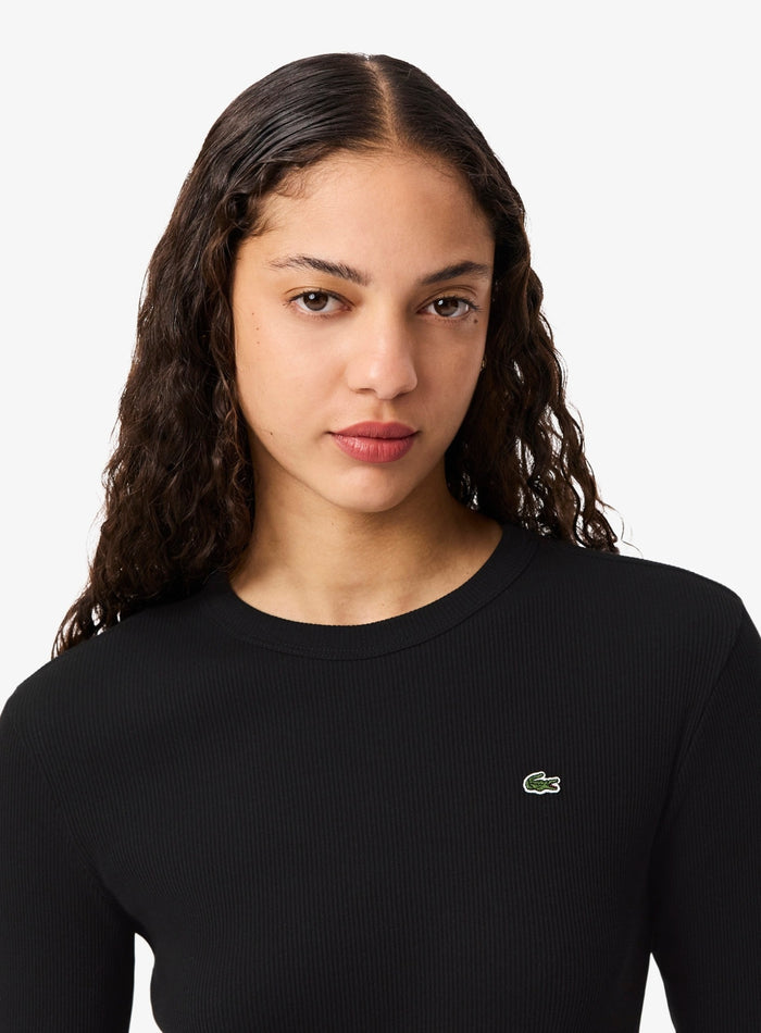 LACOSTE WOMEN Slim Fit Ribbed Cotton T-shirt Black - MAISONDEFASHION.COM