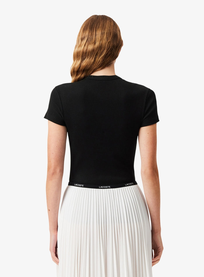 LACOSTE WOMEN Slim Fit Ribbed Cotton T-shirt Black - MAISONDEFASHION.COM