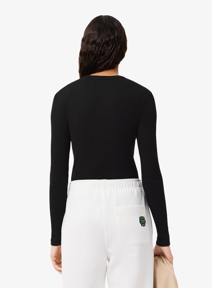 LACOSTE WOMEN Slim Fit Ribbed Cotton T-shirt Black - MAISONDEFASHION.COM