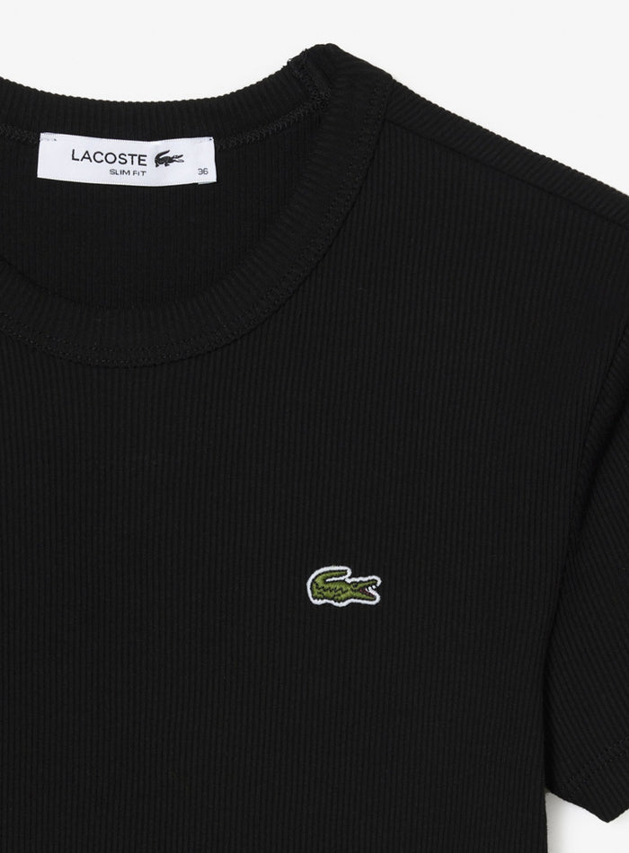 LACOSTE WOMEN Slim Fit Ribbed Cotton T-shirt Black - MAISONDEFASHION.COM