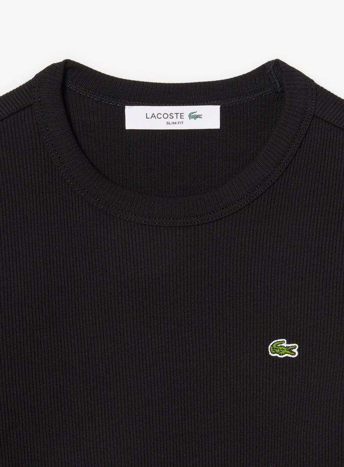 LACOSTE WOMEN Slim Fit Ribbed Cotton T-shirt Black - MAISONDEFASHION.COM