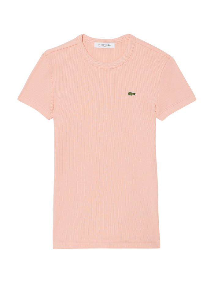 LACOSTE WOMEN Slim Fit Ribbed Cotton T-shirt Coral Pink - MAISONDEFASHION.COM