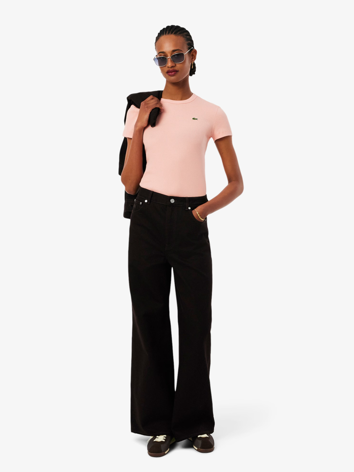 LACOSTE WOMEN Slim Fit Ribbed Cotton T-shirt Coral Pink - MAISONDEFASHION.COM