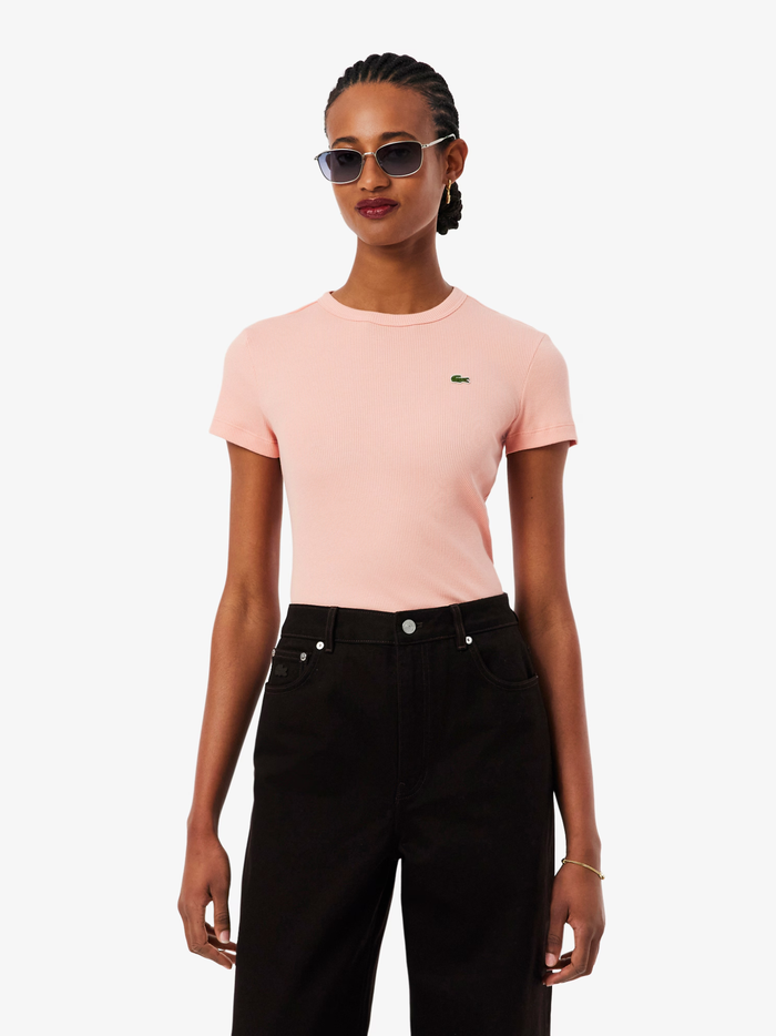 LACOSTE WOMEN Slim Fit Ribbed Cotton T-shirt Coral Pink - MAISONDEFASHION.COM