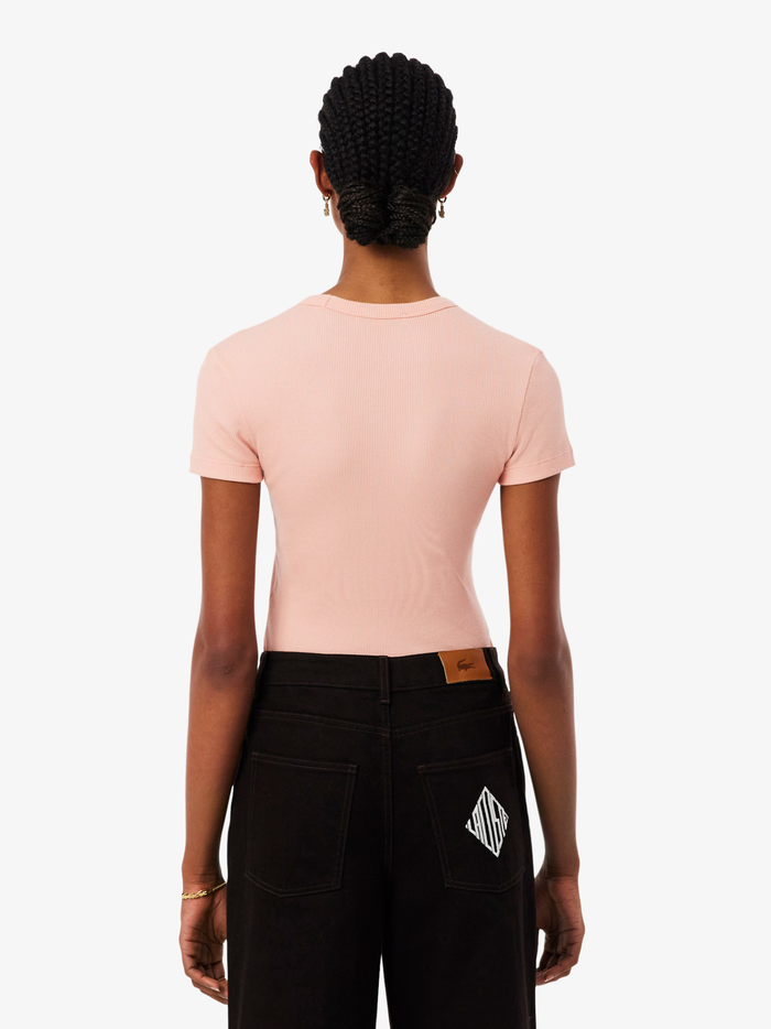 LACOSTE WOMEN Slim Fit Ribbed Cotton T-shirt Coral Pink - MAISONDEFASHION.COM
