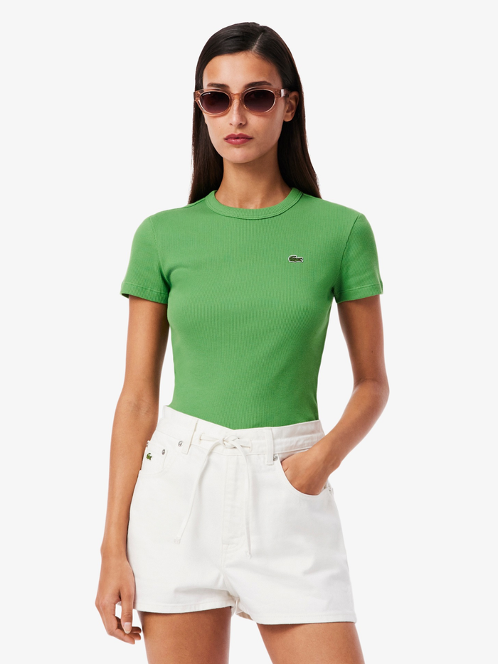 LACOSTE WOMEN Slim Fit Ribbed Cotton T-shirt Green - MAISONDEFASHION.COM