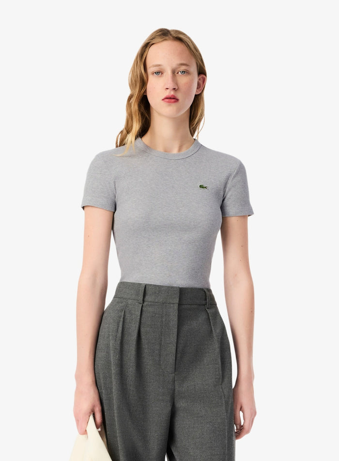 LACOSTE WOMEN Slim Fit Ribbed Cotton T-shirt Grey - MAISONDEFASHION.COM