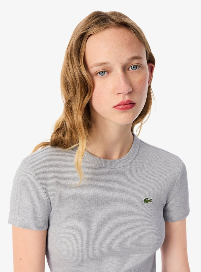 LACOSTE WOMEN Slim Fit Ribbed Cotton T-shirt Grey - MAISONDEFASHION.COM