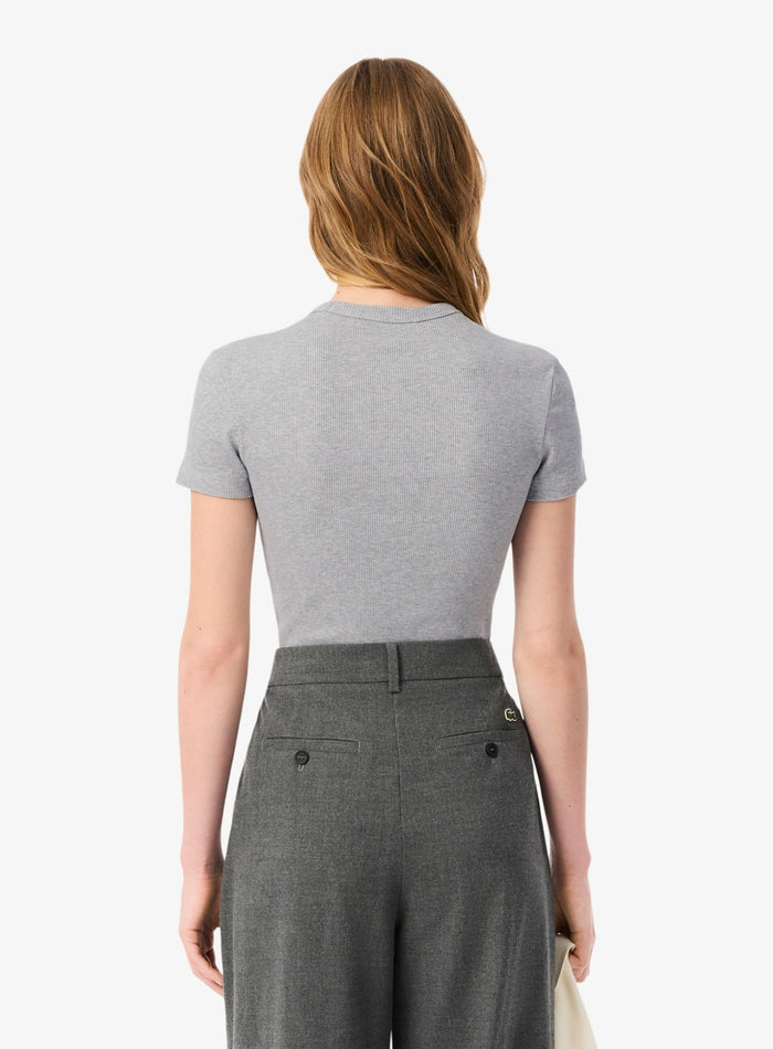 LACOSTE WOMEN Slim Fit Ribbed Cotton T-shirt Grey - MAISONDEFASHION.COM