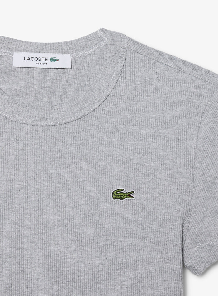 LACOSTE WOMEN Slim Fit Ribbed Cotton T-shirt Grey - MAISONDEFASHION.COM
