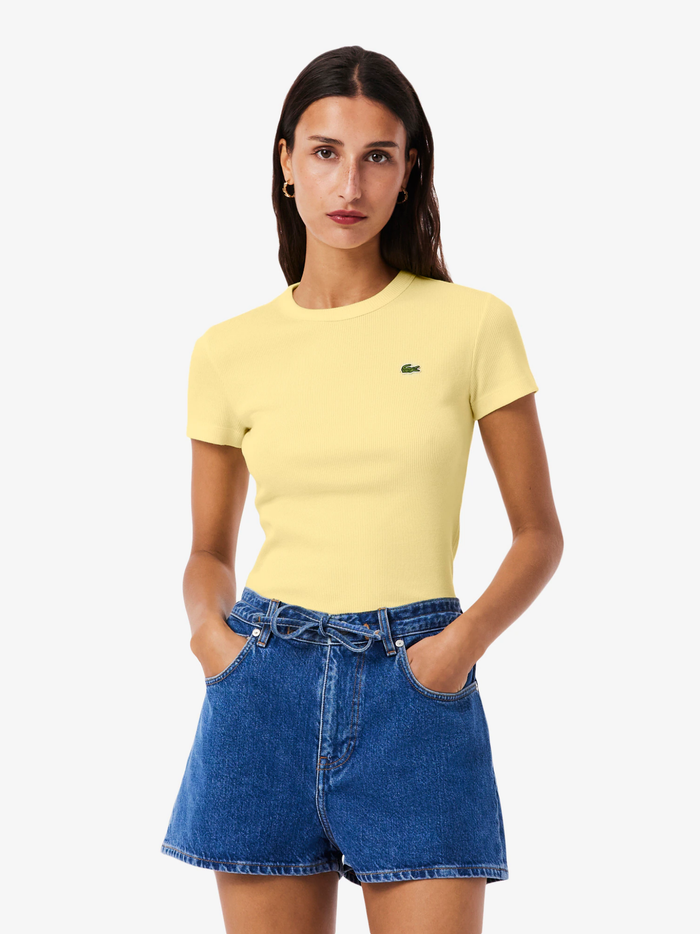 LACOSTE WOMEN Slim Fit Ribbed Cotton T-shirt Pastel Yellow - MAISONDEFASHION.COM