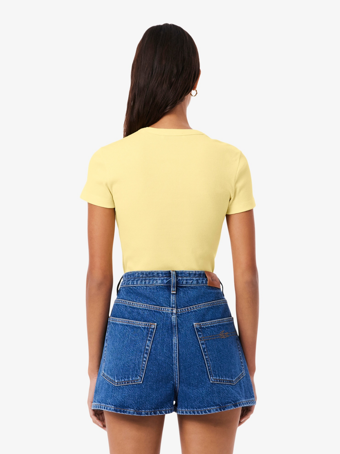 LACOSTE WOMEN Slim Fit Ribbed Cotton T-shirt Pastel Yellow - MAISONDEFASHION.COM