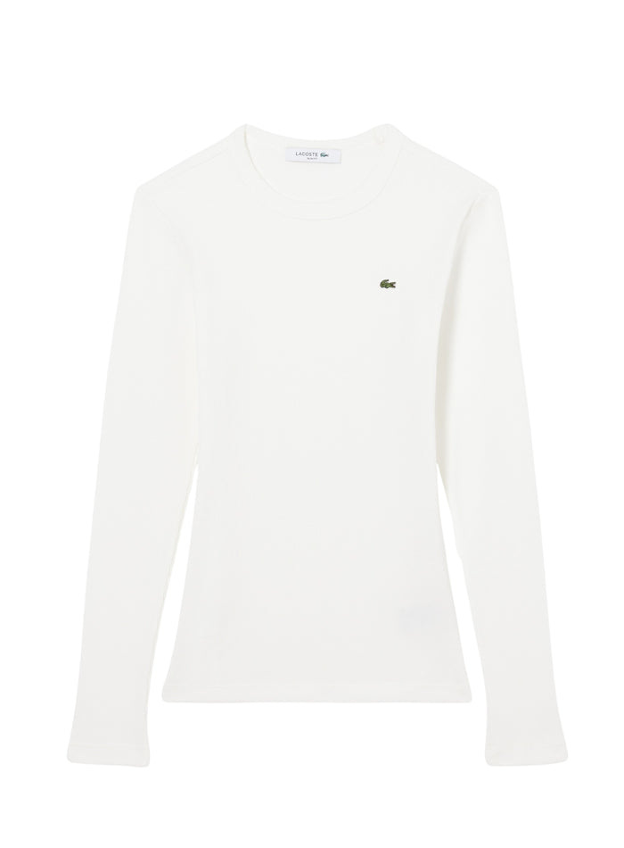 LACOSTE WOMEN Slim Fit Ribbed Cotton T-shirt White - MAISONDEFASHION.COM