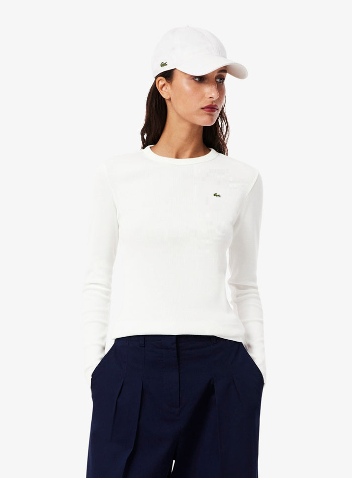 LACOSTE WOMEN Slim Fit Ribbed Cotton T-shirt White - MAISONDEFASHION.COM
