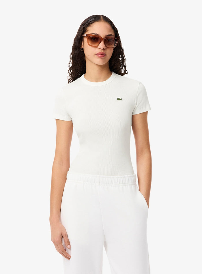 LACOSTE WOMEN Slim Fit Ribbed Cotton T-shirt White - MAISONDEFASHION.COM