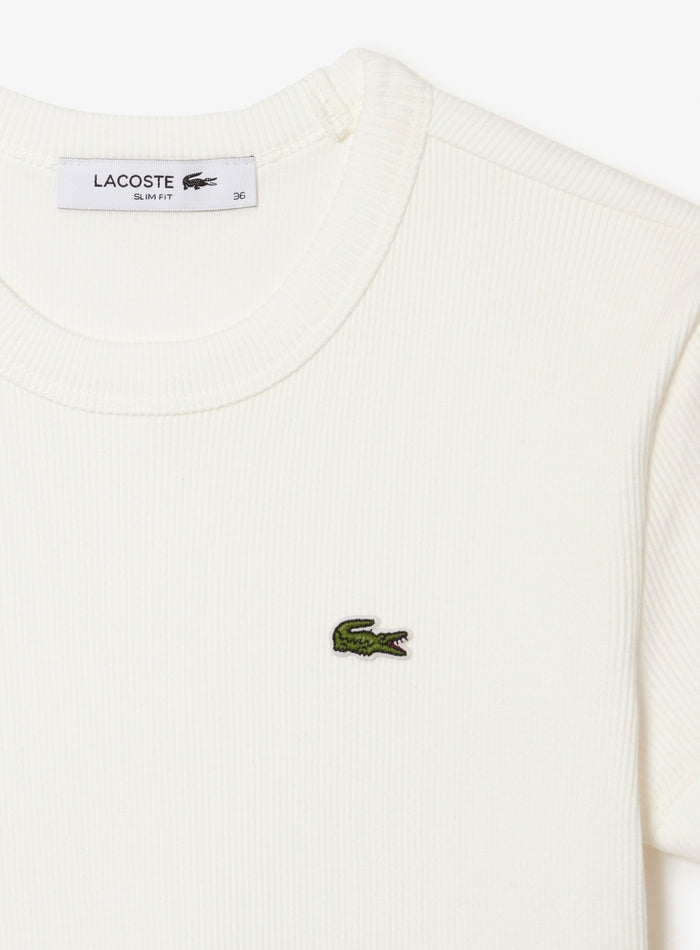 LACOSTE WOMEN Slim Fit Ribbed Cotton T-shirt White - MAISONDEFASHION.COM