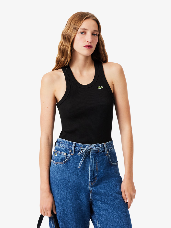 LACOSTE WOMEN Slim Fit Ribbed Cotton Tank Top Black - MAISONDEFASHION.COM