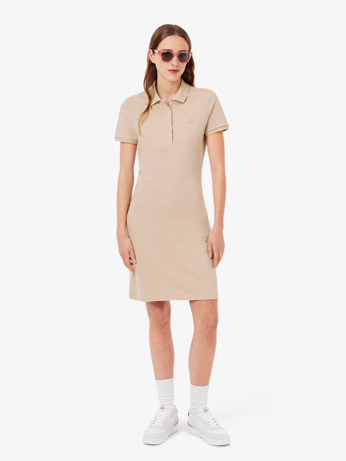 LACOSTE WOMEN Slim Fit Stretch Mini Piqué Polo Dress Beige - MAISONDEFASHION.COM