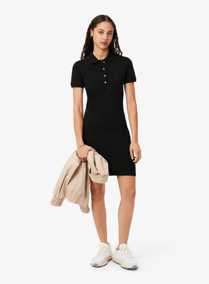 LACOSTE WOMEN Slim Fit Stretch Piqué Polo Dress Black - MAISONDEFASHION.COM