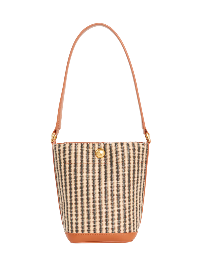 LACOSTE WOMEN Small Summer Pack Raffia Bucket Bag Natural Black Tan