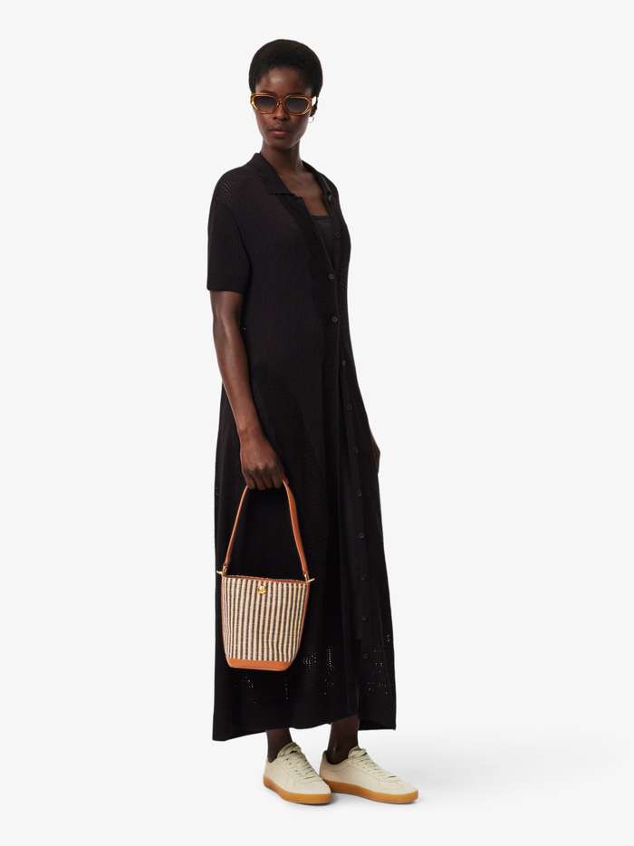 LACOSTE WOMEN Small Summer Pack Raffia Bucket Bag Natural Black Tan