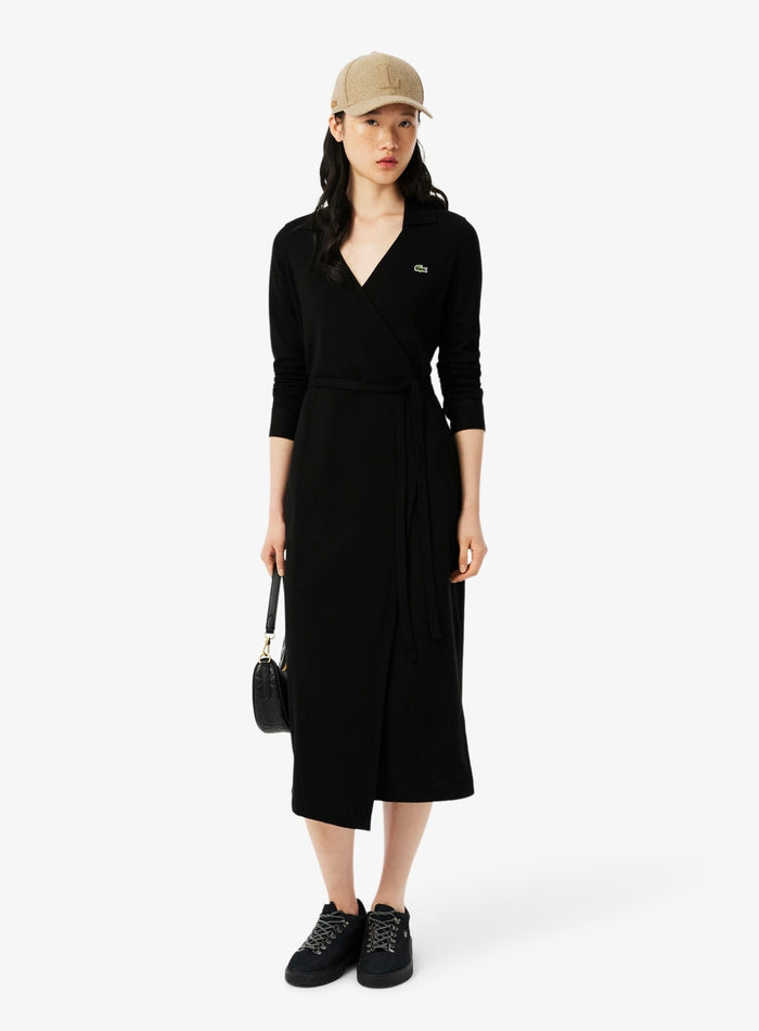 LACOSTE WOMEN Stretch Mini Piqué Wrap Polo Dress Black - MAISONDEFASHION.COM