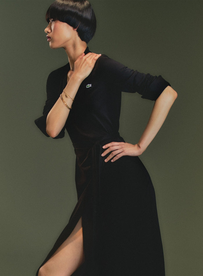 LACOSTE WOMEN Stretch Mini Piqué Wrap Polo Dress Black - MAISONDEFASHION.COM
