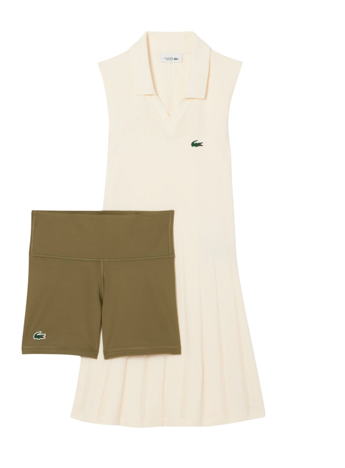 LACOSTE WOMEN Stretch Tennis Dress and Shorts White Khaki Green - MAISONDEFASHION.COM