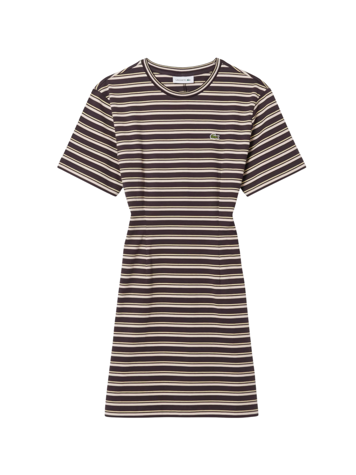 LACOSTE WOMEN Striped Cotton T-shirt Dress Marron/Beige - MAISONDEFASHION.COM