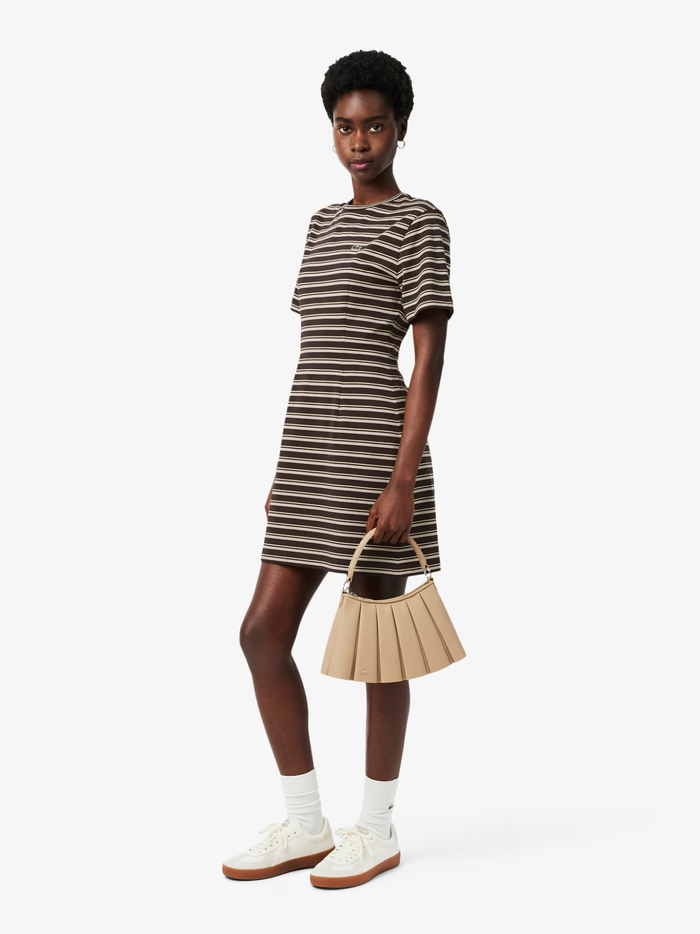 LACOSTE WOMEN Striped Cotton T-shirt Dress Marron/Beige - MAISONDEFASHION.COM