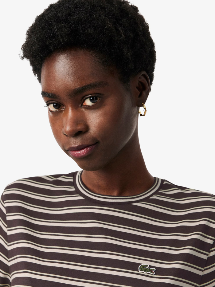 LACOSTE WOMEN Striped Cotton T-shirt Dress Marron/Beige - MAISONDEFASHION.COM