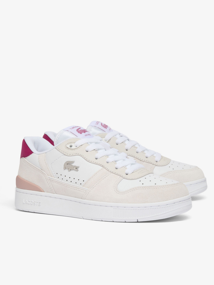 LACOSTE WOMEN T-Clip Set Suede Sneakers White/Dark Purple - MAISONDEFASHION.COM