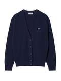 LACOSTE WOMEN V Neck Moss Stitch Cotton Cardigan Midnight Blue - MAISONDEFASHION.COM