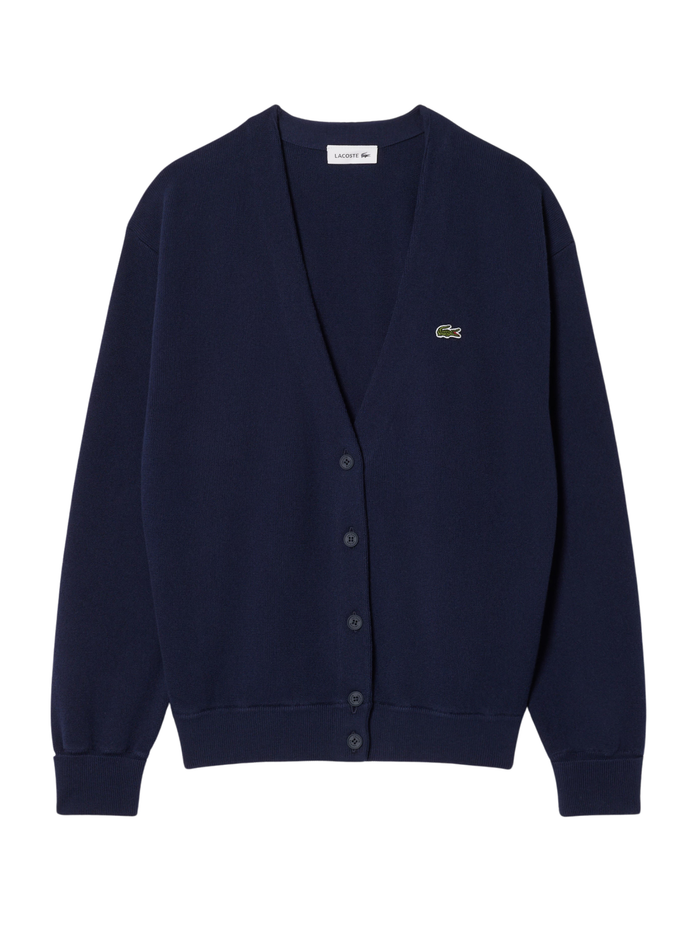 LACOSTE WOMEN V Neck Moss Stitch Cotton Cardigan Midnight Blue - MAISONDEFASHION.COM