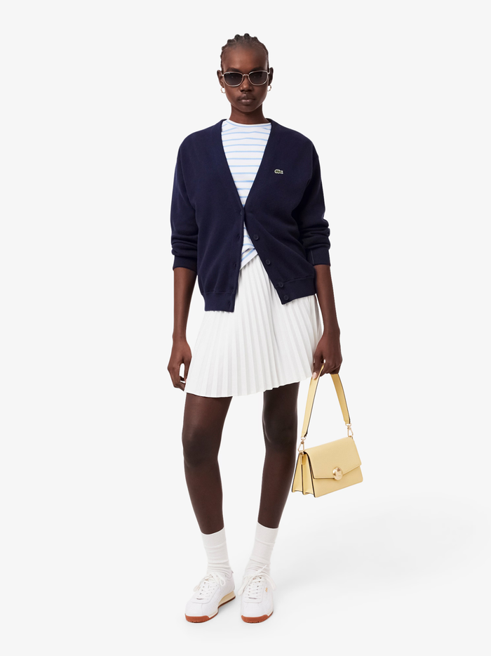LACOSTE WOMEN V Neck Moss Stitch Cotton Cardigan Midnight Blue - MAISONDEFASHION.COM